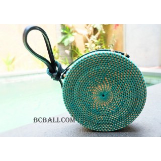 circle rattan bags long handle leather turquoise